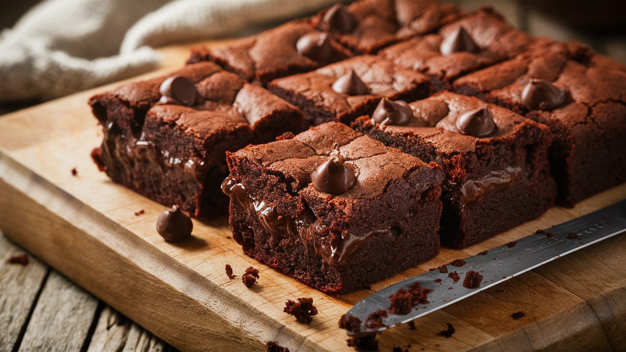 A close-up view of freshly baked, fudgy brownies cut into squares on a wooden cutting board. The brownies have a rich, dark brown color with a slightly cracked top and gooey chocolate chips visible on the surface. The setting is a rustic kitchen, with a knife and scattered crumbs adding to the homemade feel.