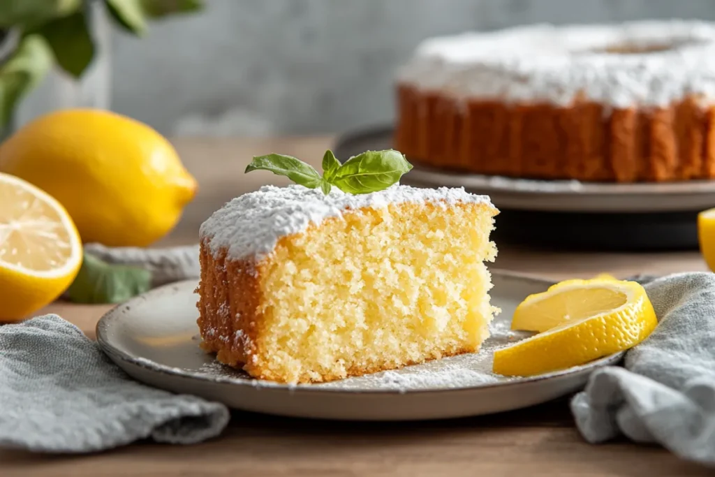 Close-up of a lemon cake slice with a vibrant yellow color, showcasing the texture and fresh lemon zest garnish.