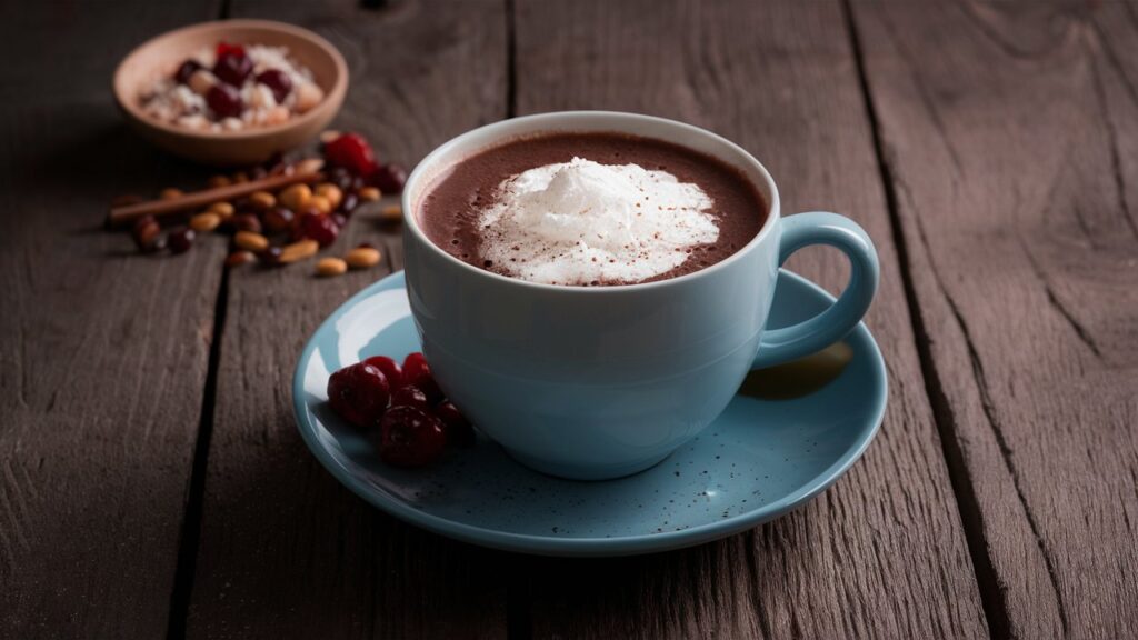 A steaming mug of rich, homemade hot cocoa topped with whipped cream and sprinkled with chocolate shavings, surrounded by marshmallows and cinnamon sticks.