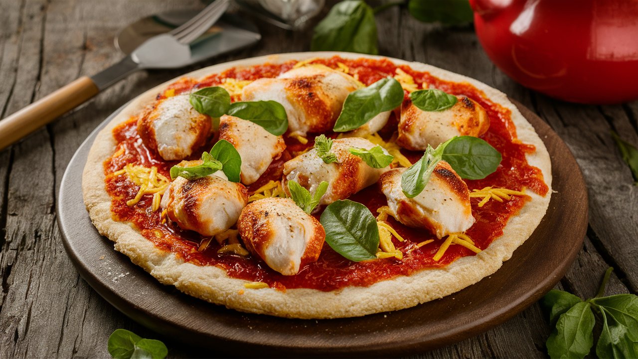 Homemade chicken pizza crust topped with fresh vegetables, mozzarella cheese, and herbs on a baking sheet.