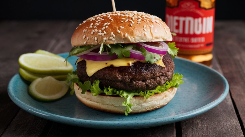 Juicy bison burger topped with fresh lettuce, tomato, and red onion, served on a toasted brioche bun.