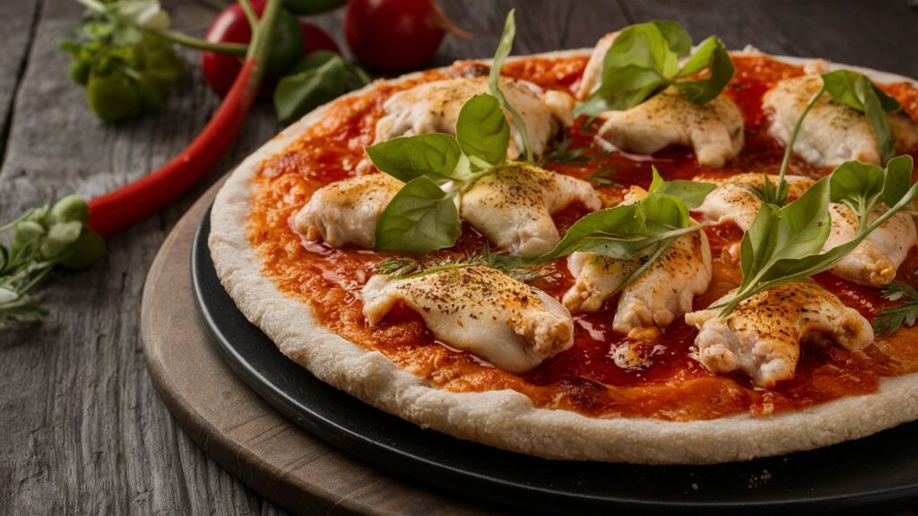 Homemade chicken pizza crust topped with fresh vegetables, mozzarella cheese, and herbs on a baking sheet.