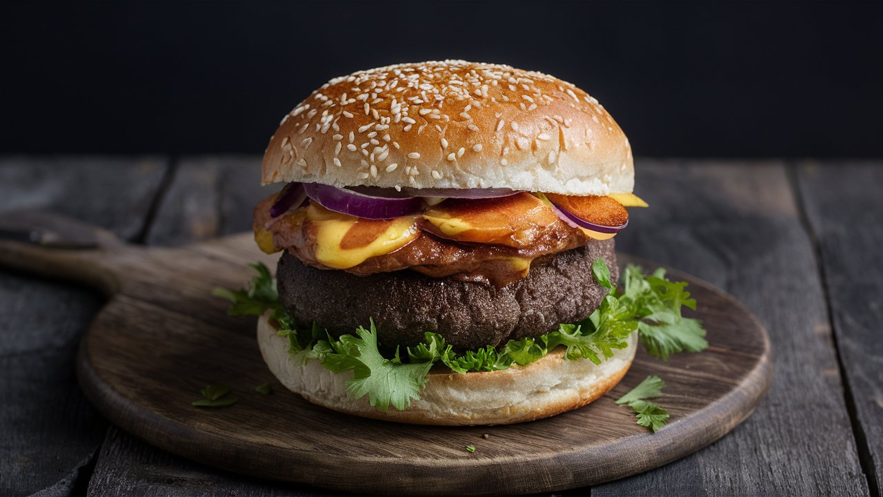 Juicy bison burger topped with fresh lettuce, tomato, and red onion, served on a toasted brioche bun.