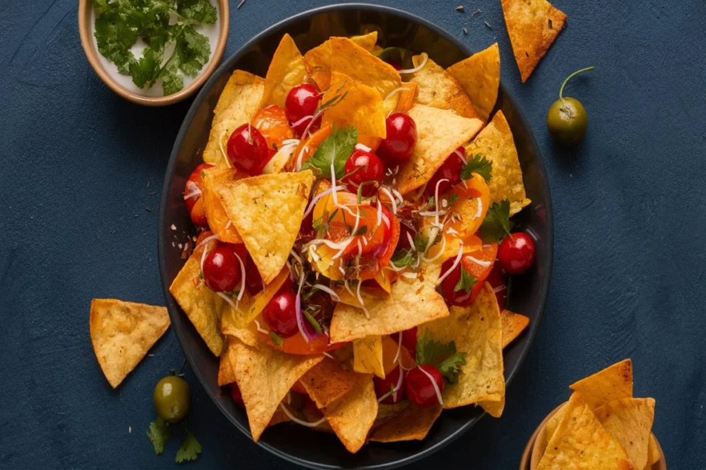 A bowl of freshly made, golden-brown Mexican chips, served with a side of salsa and guacamole, garnished with lime wedges and cilantro.