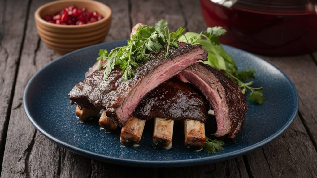 Juicy beef back ribs glazed with a rich, smoky barbecue sauce, served on a wooden platter with a side of coleslaw and grilled vegetables.